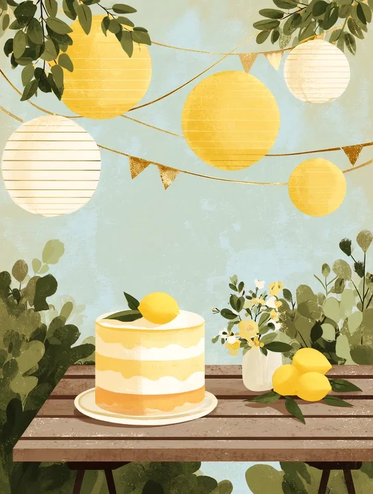 Lemon cake and paper lanterns birthday group card design