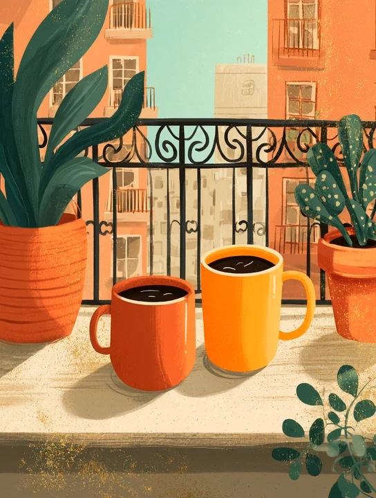 Coffee mugs on the balcony work anniversary group card design