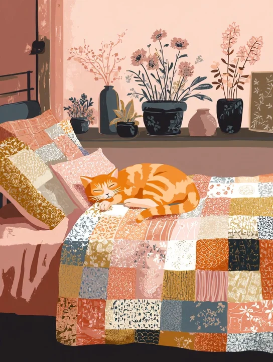 Cat on the patchwork quilt get well group card design