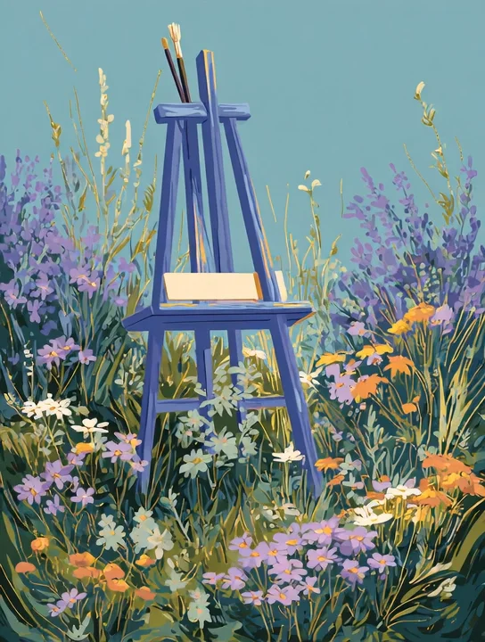 brown11684 a paint easel on a meadow with wildflowers in lave 17064e78 f213 4fa9 9139 d7ad76200e49 2 retirement group card design
