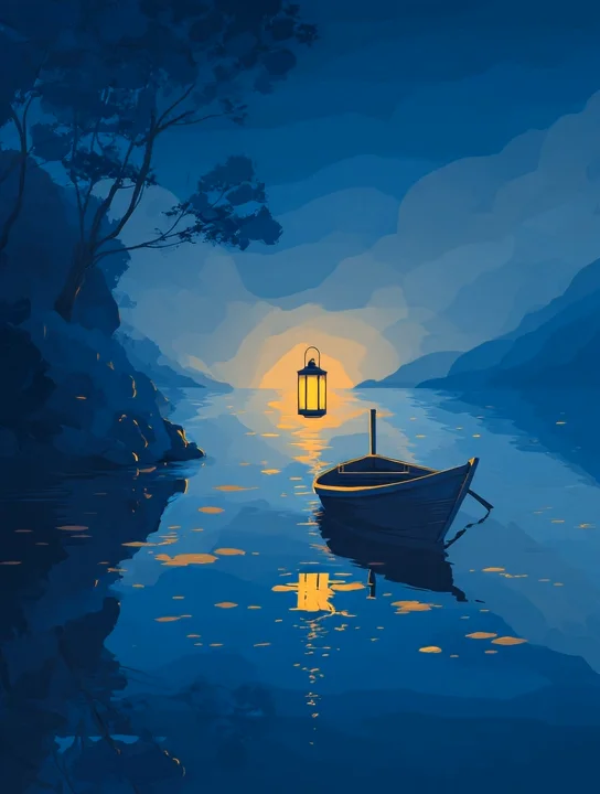 Lantern rowboat at night welcome group card design