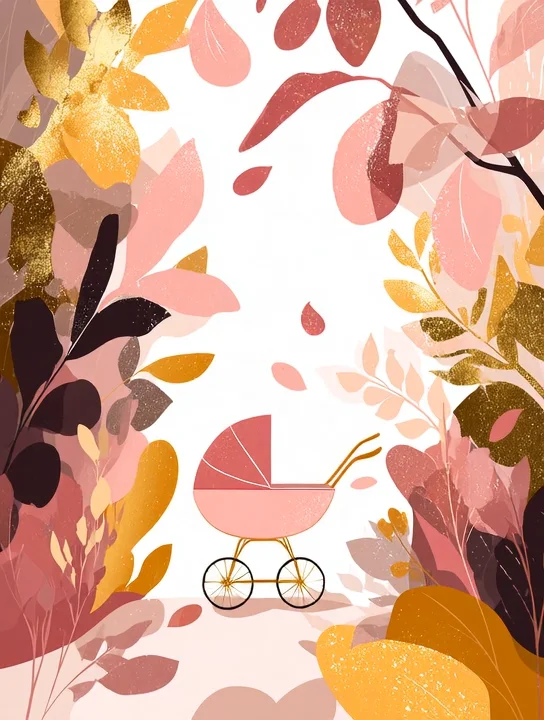 Stroller in autumn leaves new baby group card design
