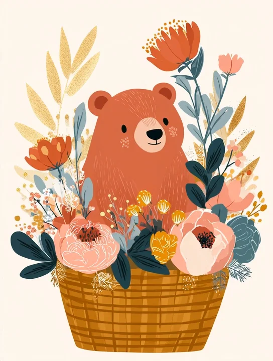 Teddy in a flower basket new baby group card design