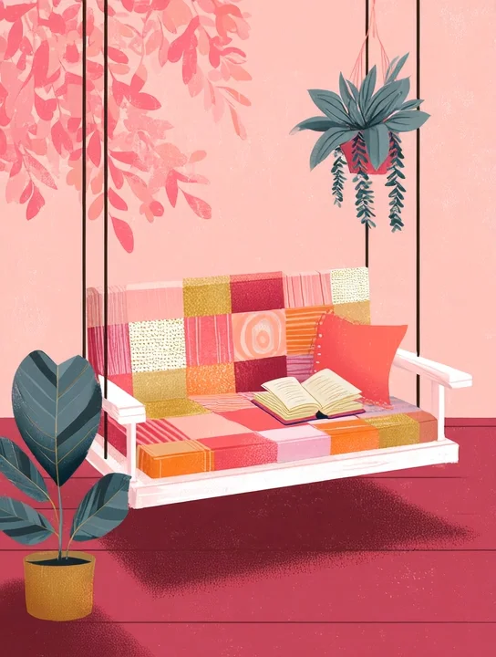 Porch swing with a quilt retirement group card design