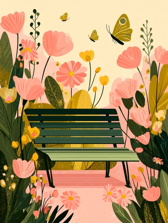 Garden bench in bloom retirement group card design