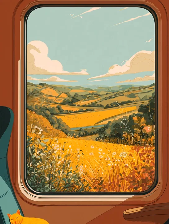 Cat in the train window farewell group card design