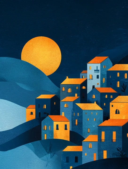Moon over the village farewell group card design