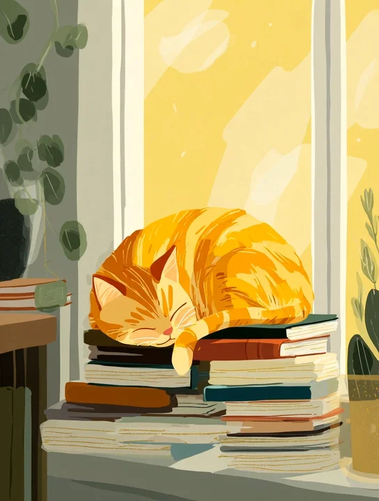 Cat napping on books farewell group card design