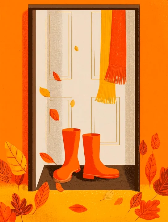Boots at the door in autumn farewell group card design