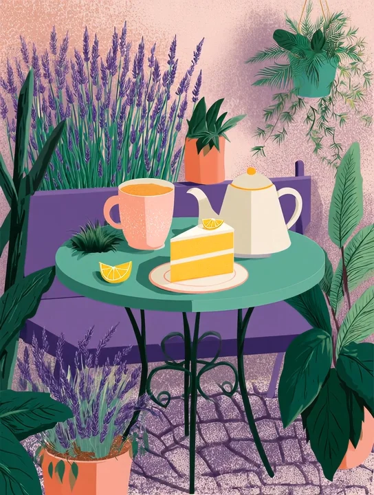 Tea and cake in the garden farewell group card design