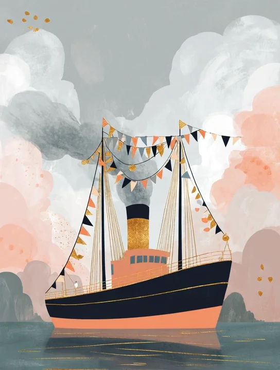 Steamship with bunting welcome group card design