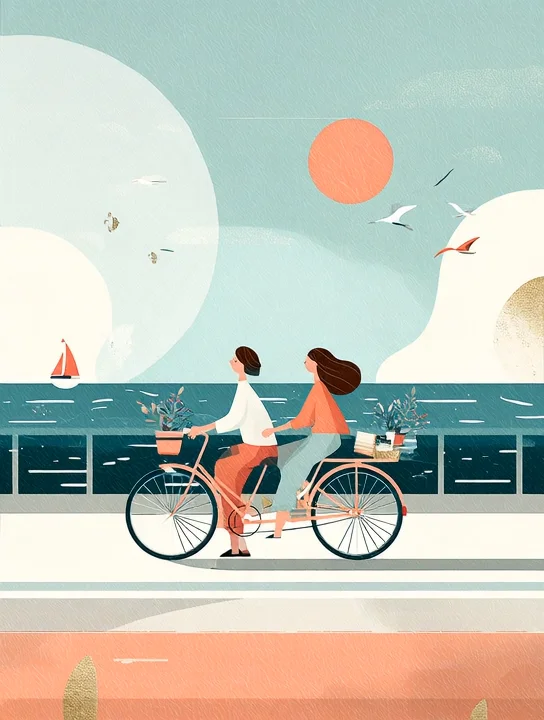Tandem bike by the sea retirement group card design