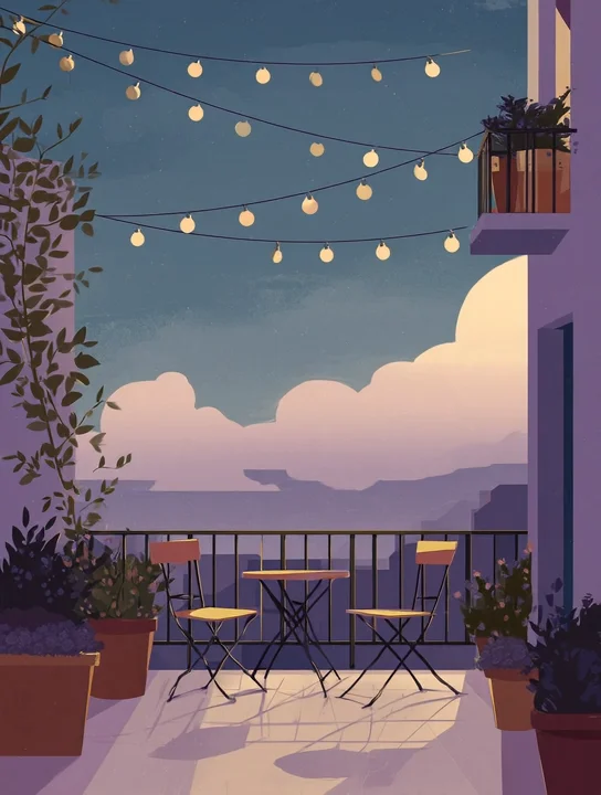Balcony string lights work anniversary group card design