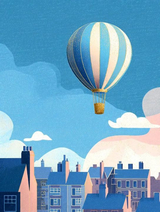 Balloon over the rooftops birthday group card design