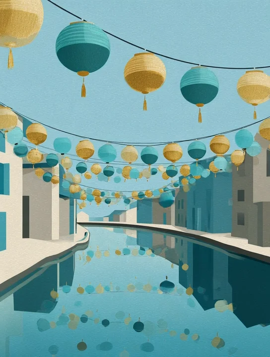 Paper lanterns over the canal farewell group card design