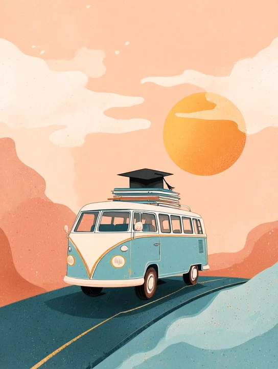 Cap bus at sunrise graduation group card design