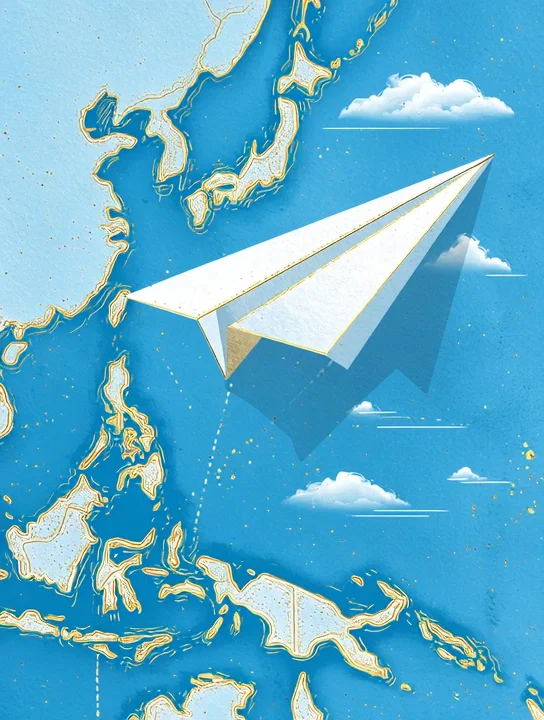 Paper airplane over the islands welcome group card design
