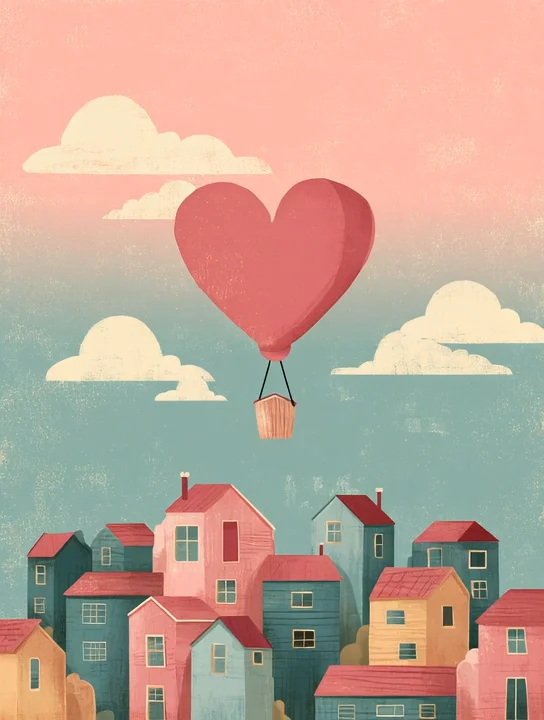 Heart balloon over rooftops farewell group card design