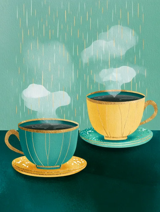 Tea on a rainy porch farewell group card design