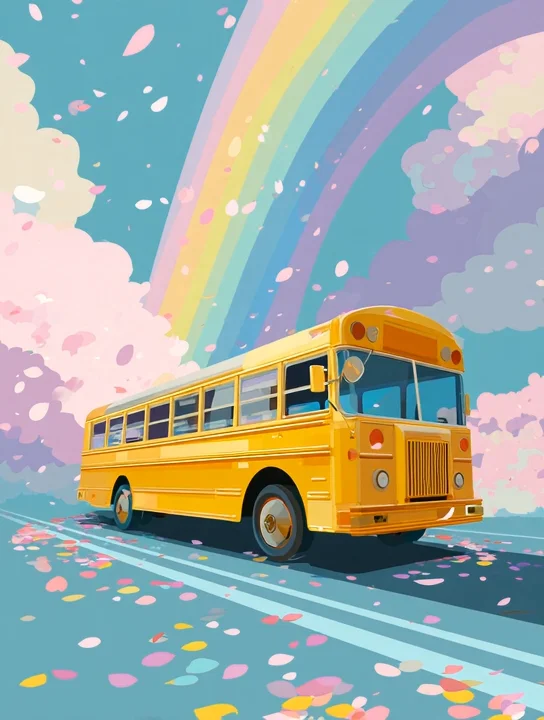 School bus under a rainbow appreciation group card design