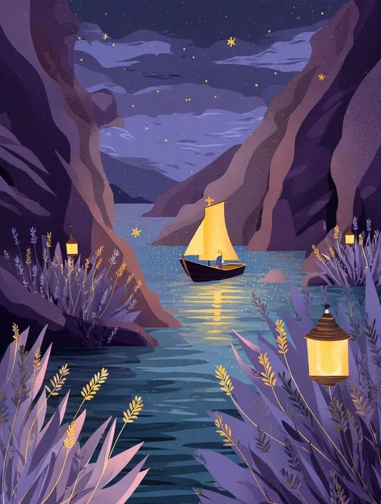 Lantern boat entering the cove welcome group card design