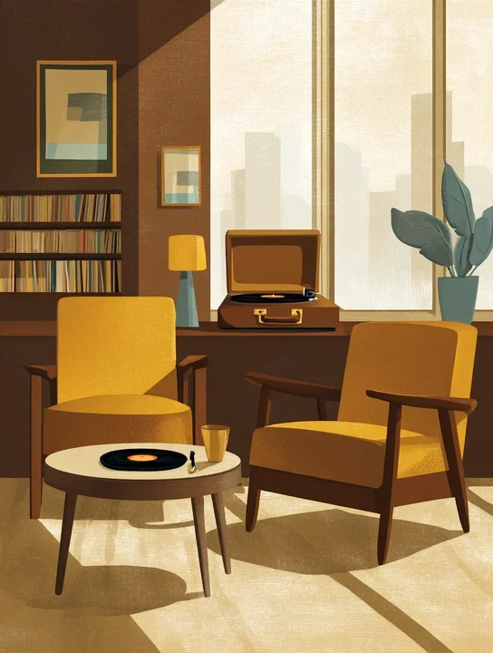 Record player and armchairs work anniversary group card design