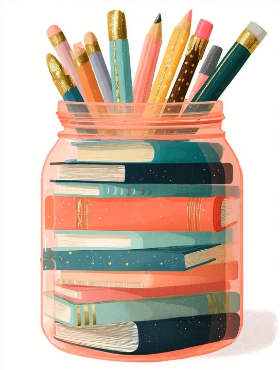 Notebooks and pencils jar appreciation group card design