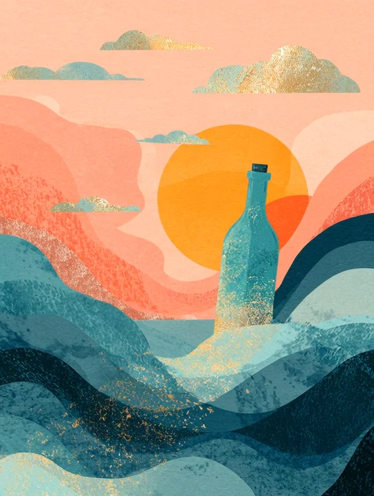 Message in a bottle at sunrise farewell group card design