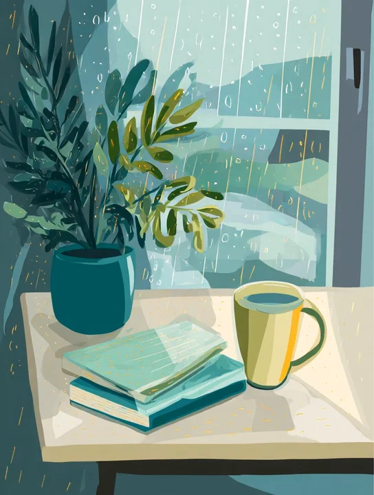 Rainy desk with a fern farewell group card design