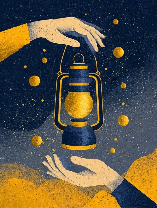Two hands and a lantern work anniversary group card design