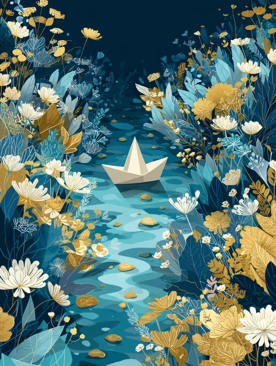 Paper boat through the flowers welcome group card design