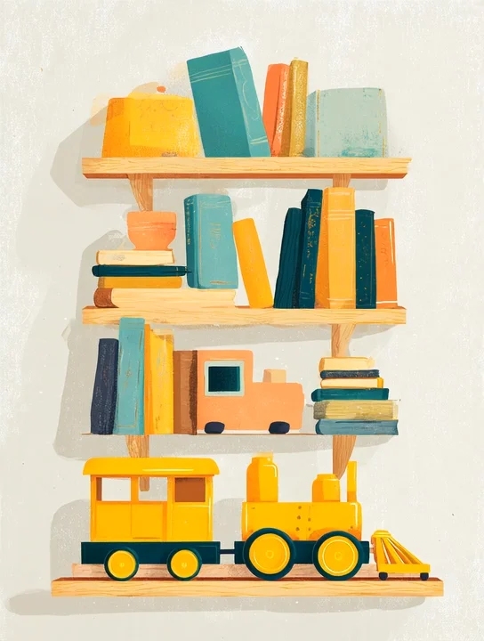Nursery shelf with a wooden train new baby group card design