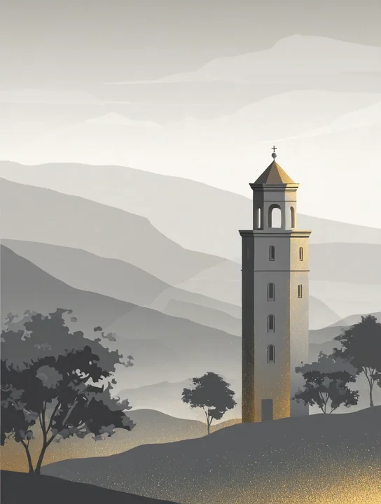 Bell tower in morning mist sympathy group card design