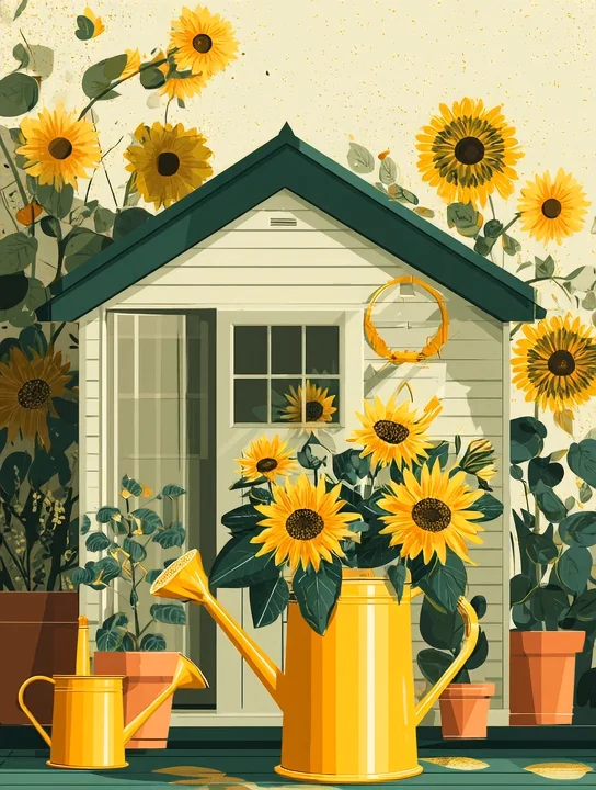 Garden shed and sunflowers retirement group card design