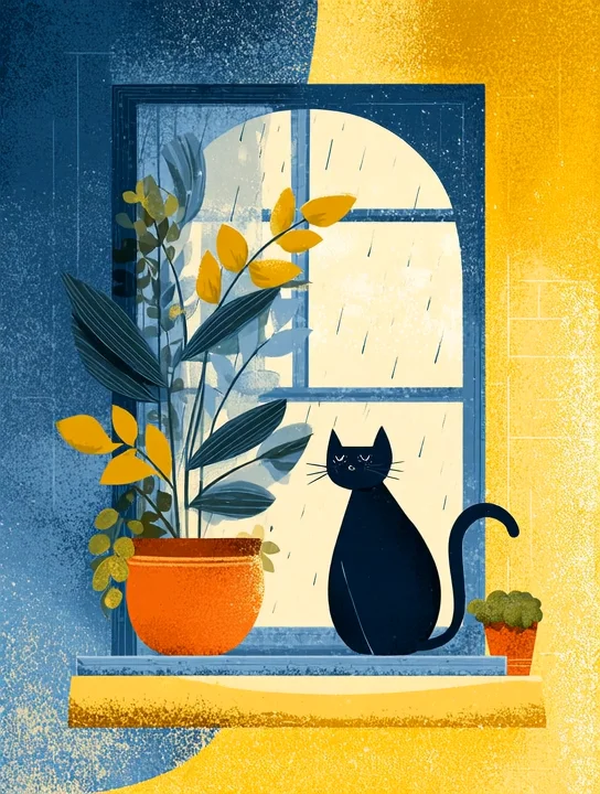 Cat at the rainy window farewell group card design