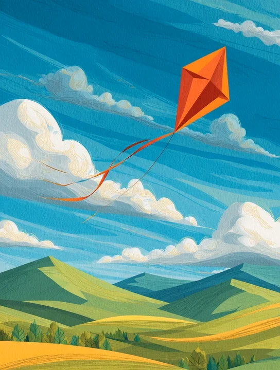Kite over green hills farewell group card design