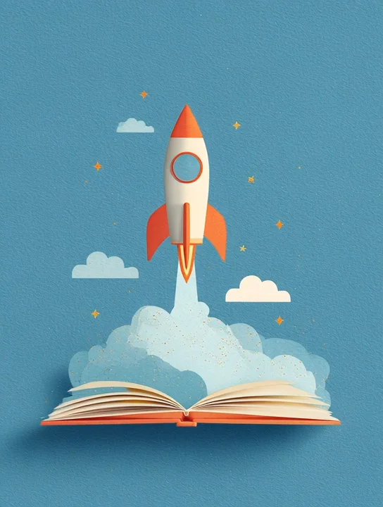 Paper rocket from a book graduation group card design