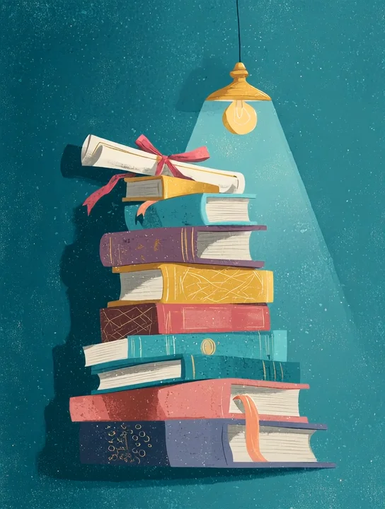 Diploma and lamp-lit books graduation group card design