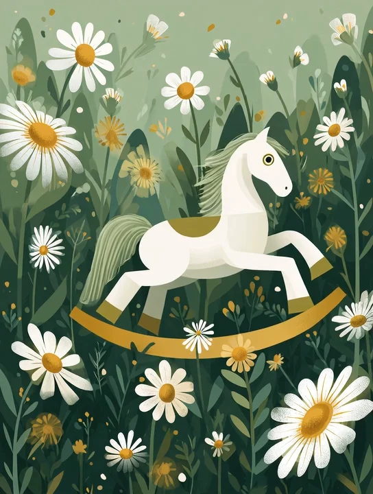 Rocking horse in daisies new baby group card design