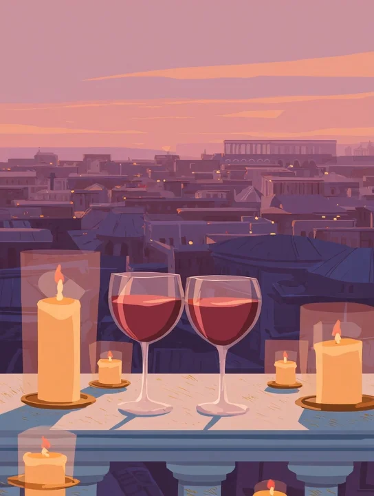 Rooftop toast at dusk work anniversary group card design