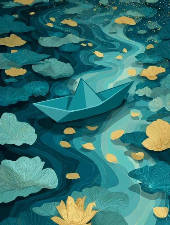 Paper boat on the stream sympathy group card design