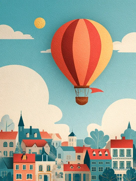 Balloon over the old town welcome group card design