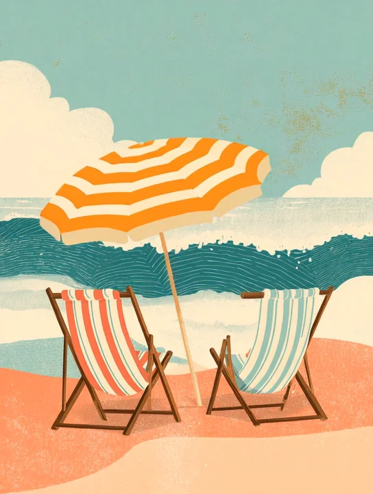 Beach chairs and umbrella retirement group card design