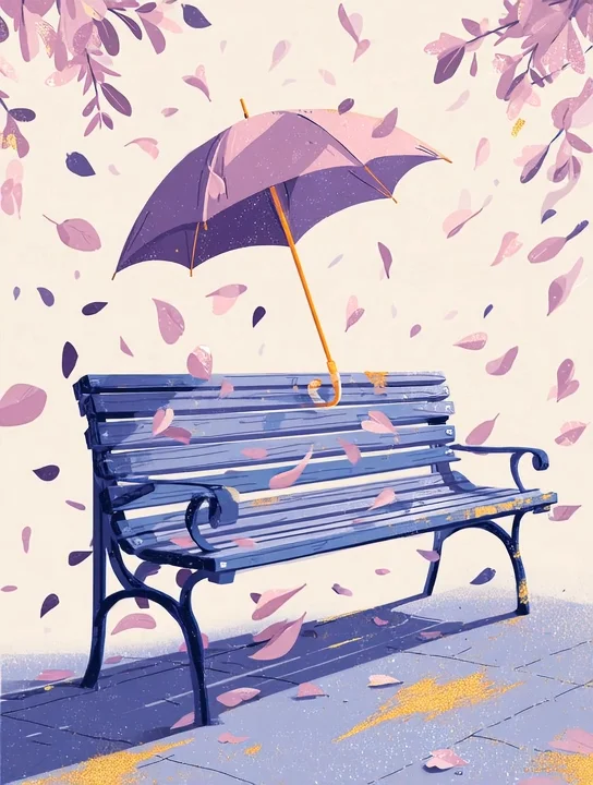 Umbrella bench in petals appreciation group card design