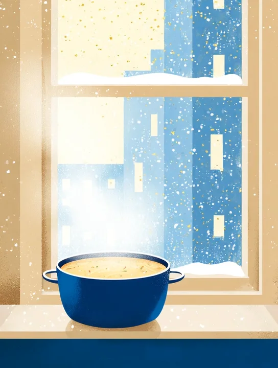 Soup by the snowy window get well group card design