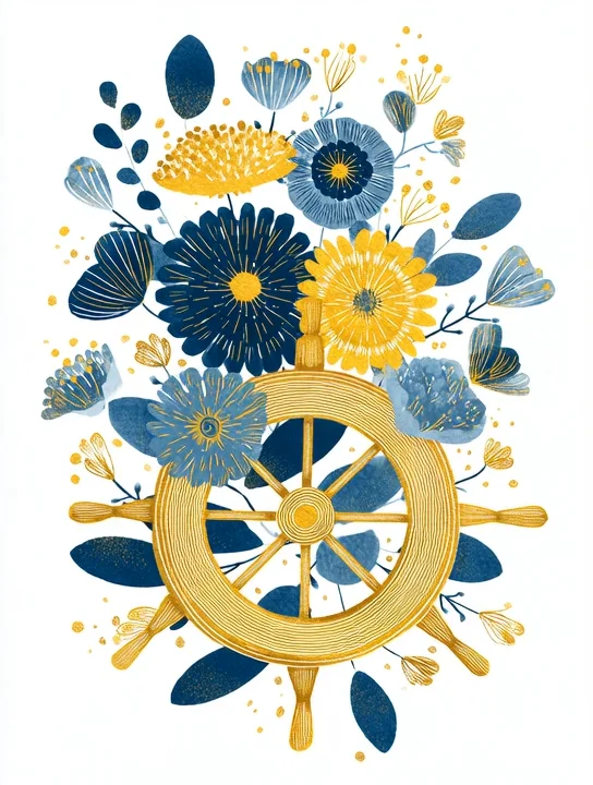 Captain's wheel and flowers welcome group card design