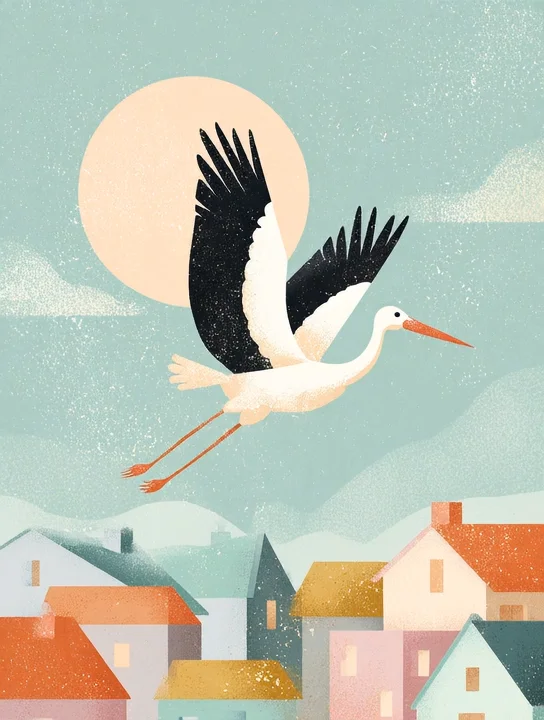 Stork over pastel rooftops new baby group card design