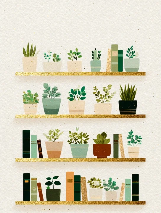Shelf of plants and books graduation group card design