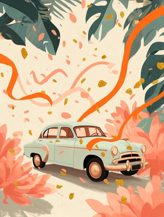 Ribbon car in the petals work anniversary group card design